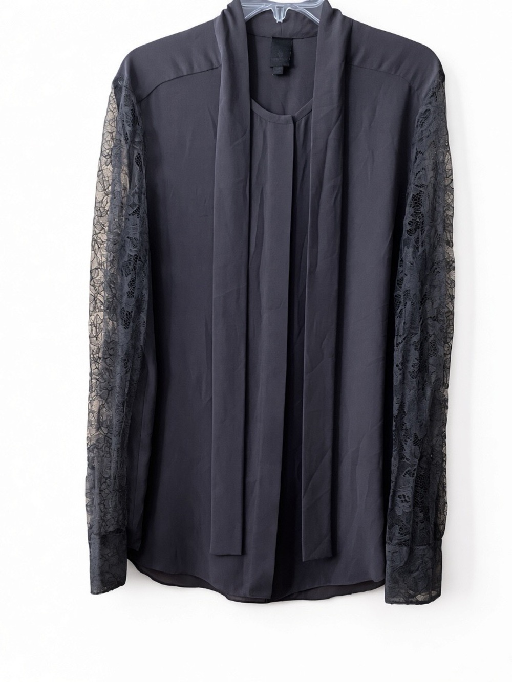 Black Lace-Sleeve Women's Blouse with Neck Tie